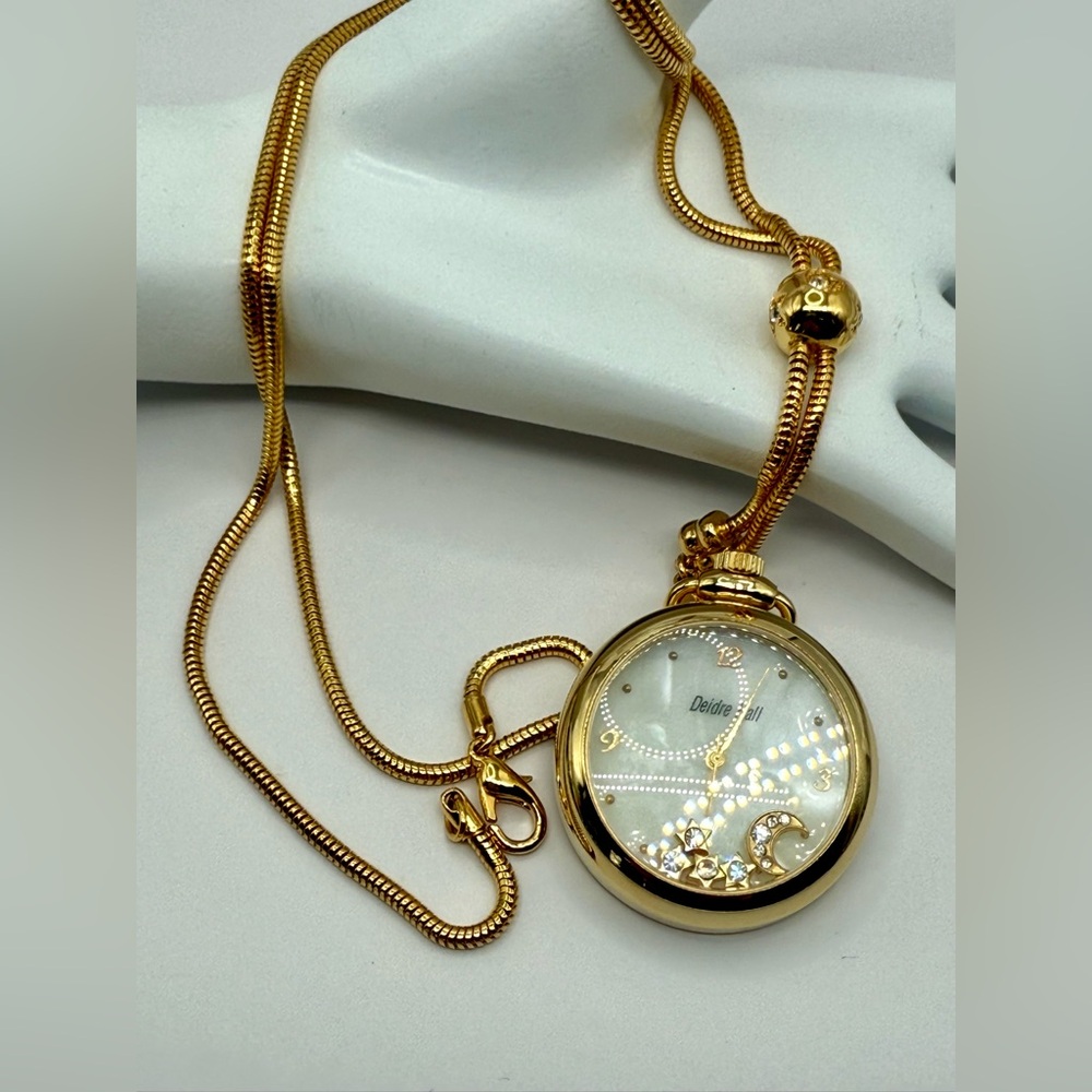 Deidre Hall Pocket Watch Necklace Crystal Accent Moon & Stars Charms MOP Face - Picture 17 of 17